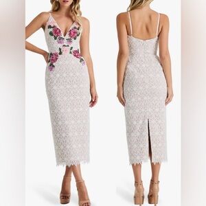 NEW HELSI Domenique Floral Sequin Embroidered Midi Off White Dress Sz M